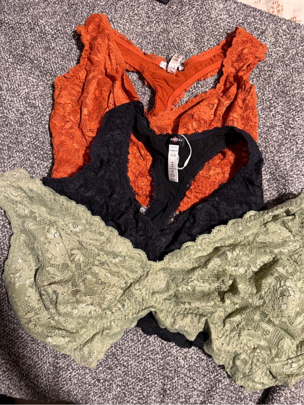 Cosabella Medium Bralette trio - Orange, Black & Sage Green